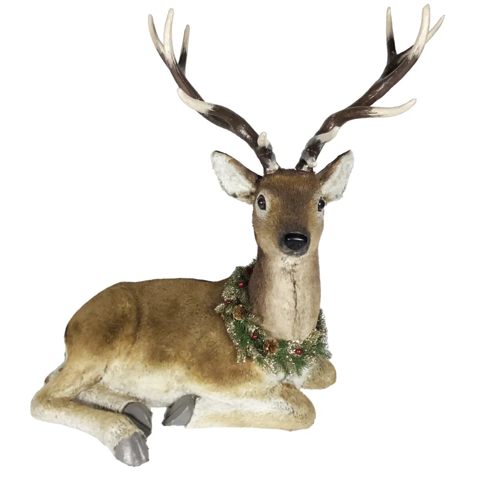 REINDEER SITTING FAUX FUR NATURAL 34.5″x18.5″x31.5″ W/ PINE & CONE