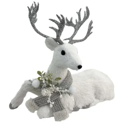 REINDEER SITTING FAUX GRASS WHITE 15.5″x13.5″ W/ SCARF, FROSTED PINE & BERRIES