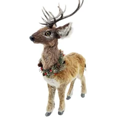 REINDEER STANDING FAUX FUR NATURAL 10.5″x5″x15.5″ W/ PINE & CONE