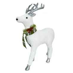 REINDEER STANDING PLUSH WHITE 17.5″ W/ PINE, CONE & BERRIES