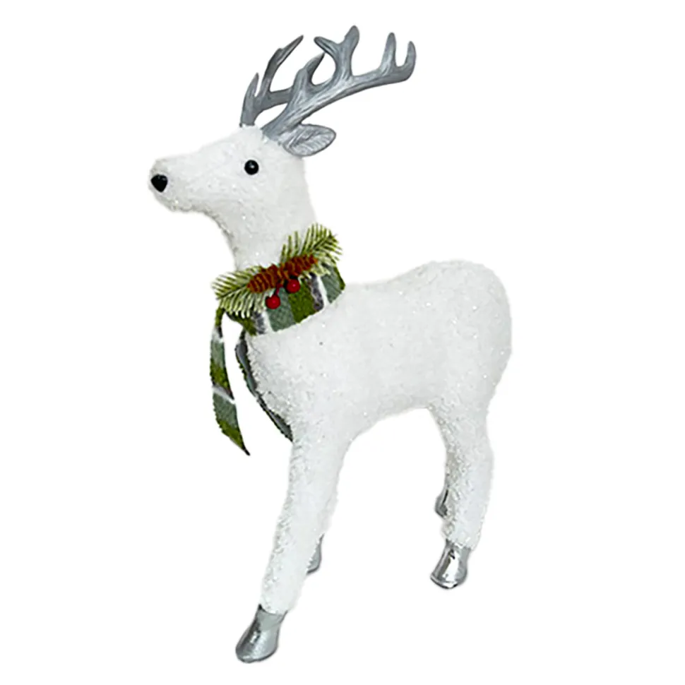 REINDEER STANDING PLUSH WHITE 17.5″ W/ PINE, CONE & BERRIES