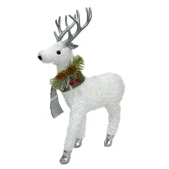 REINDEER STANDING PLUSH WHITE 12″ W/ PINE, CONE & BERRIES
