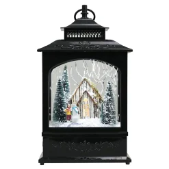 RETRO LANTERN WITH CABIN SNOWING SCENE 17″