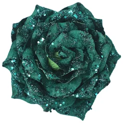 ROSE HEAD GREEN /EMERALD 4.5″ VELVET W/ GLITTER & CLIP