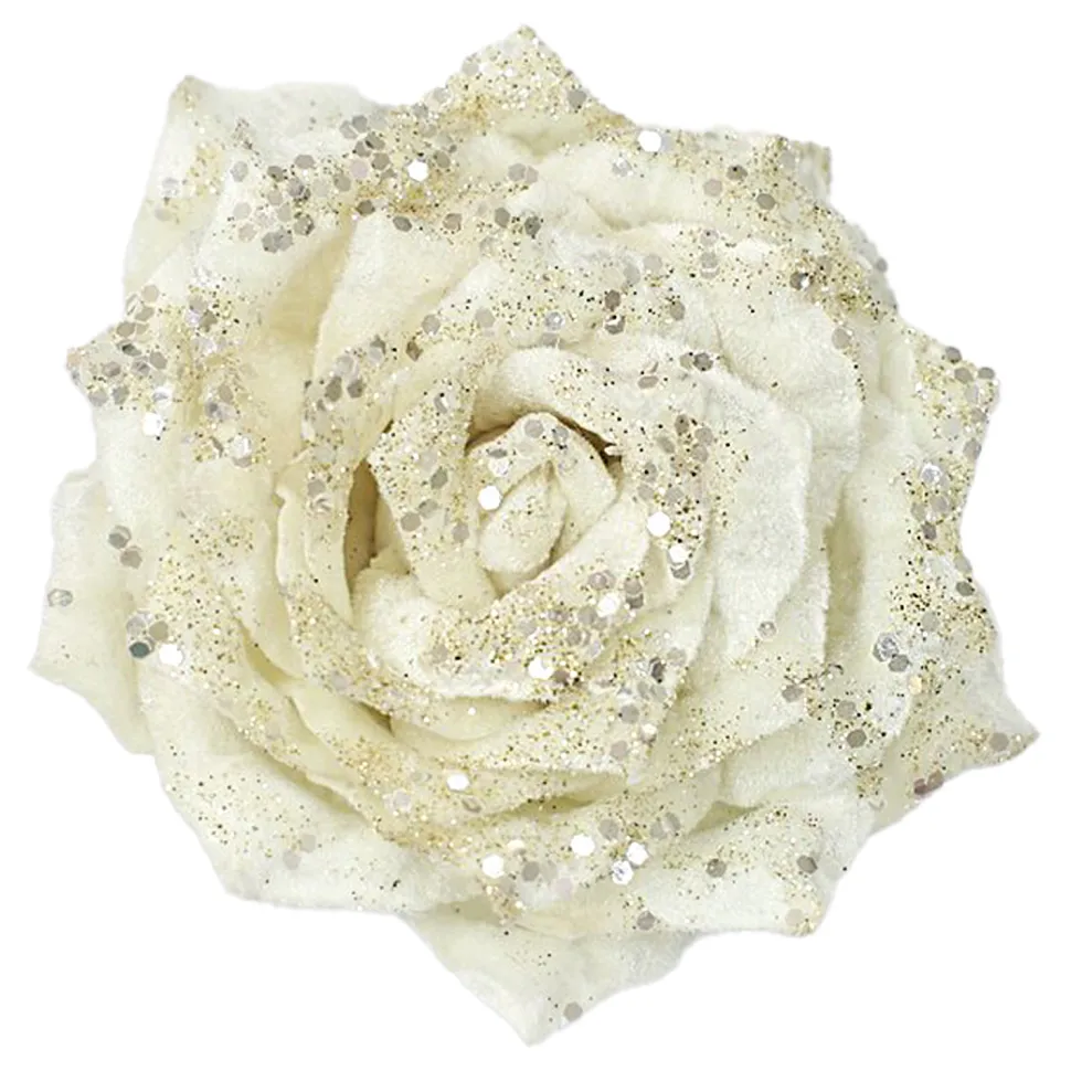 ROSE HEAD IVORY 4.5″ VELVET W/ GLITTER & CLIP