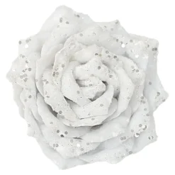 ROSE HEAD WHITE 4.5″ VELVET W/ GLITTER & CLIP