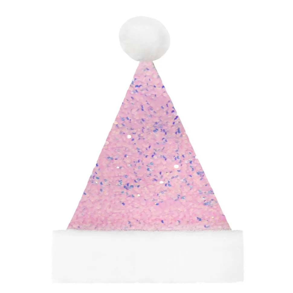 SANTA HAT 15″ PINK IRIDESCENT SEQUINS W/ FAUX FUR BORDER (SIZE:M)