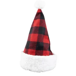 SANTA HAT 15″ RED/BLACK BUFFALO PLAID W/ SHERPA BORDER