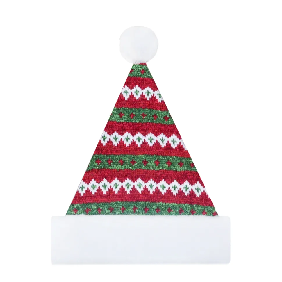 SANTA HAT 15″ RED/GREEN CHENILLE KNIT W/ FAUX FUR BORDER (SIZE:M)