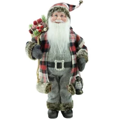 SANTA STANDING 18″ GRAY/ RED COAT W/GIFT SACK & LANTERN
