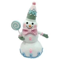 SNOWMAN HOLDING LOLLIPOP 15.5″ PINK/BLUE W/ GLITTER & COLORFUL BALL DECOR