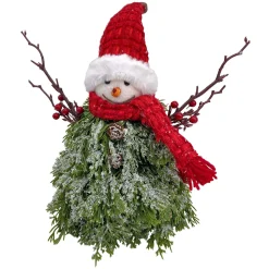 SNOWMAN PINE BODY|FABRIC HAT RED/GREEN 11″x14″ W/ SCARF & TWIGS