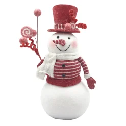 SNOWMAN STANDING 14.5″ RED/WHITE HOLDING SWIRLS GLITTER