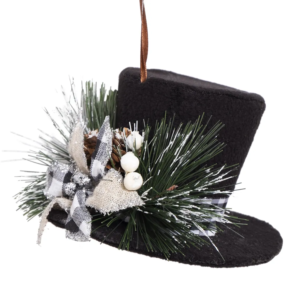 SNOWMAN TOP HAT 6″ BLACK W/SNOW BERRY