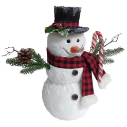 SNOWMAN WHITE FUR 18″ W/ PLAID SCARF, BLACK HAT & CANDY CANE