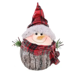 SNOWMAN WOOD LOOK 6″ FROSTED W/ SCARF & SANTA HAT RED PLAID