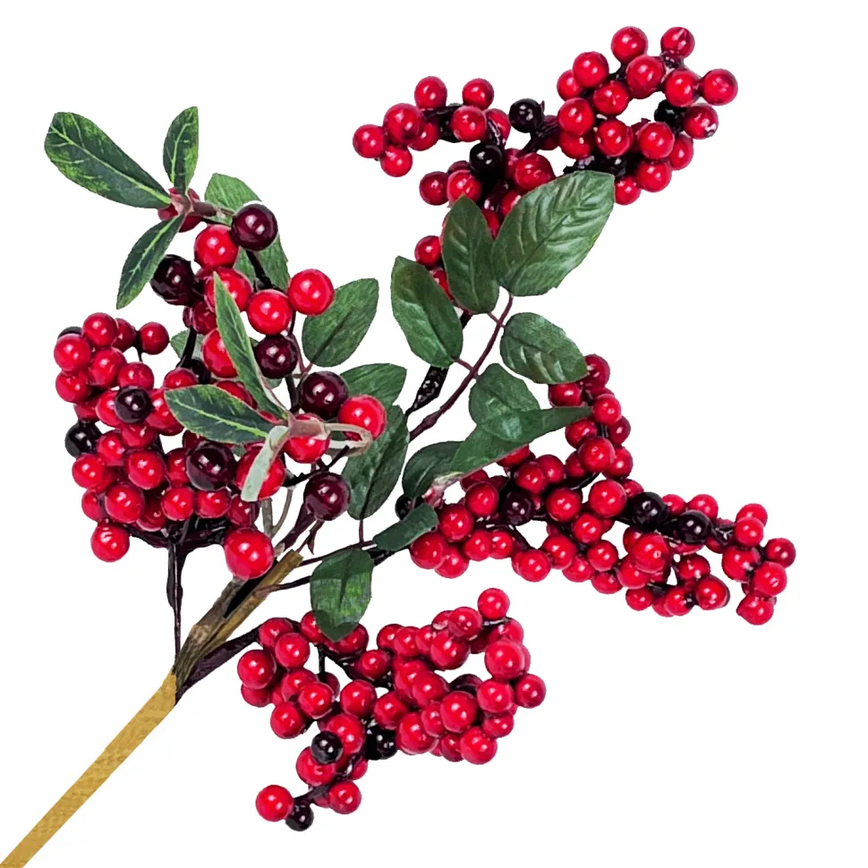 SPRAY CLUSTER MINI BERRY W/ GREENERY 14″ SHINY RED/BLACK