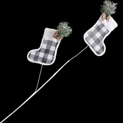 SPRAY FABRIC 26″ STOCKINGS BLK/WHT CHECK W/GRNS & PINECONES FROSTED