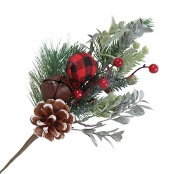 SPRAY FLOCKED PINE 12″ RED PLAID BALL W/ BELLS & CONE