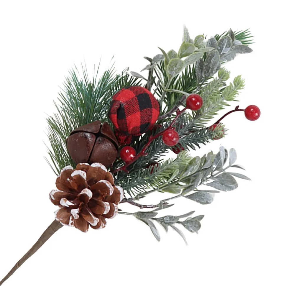 SPRAY FLOCKED PINE 12″ RED PLAID BALL W/ BELLS & CONE