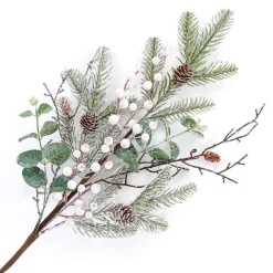 SPRAY FROSTED MIXED GREENERY 30″ GREEN/WHITE W/ CONE, TWIGS & BERRIES