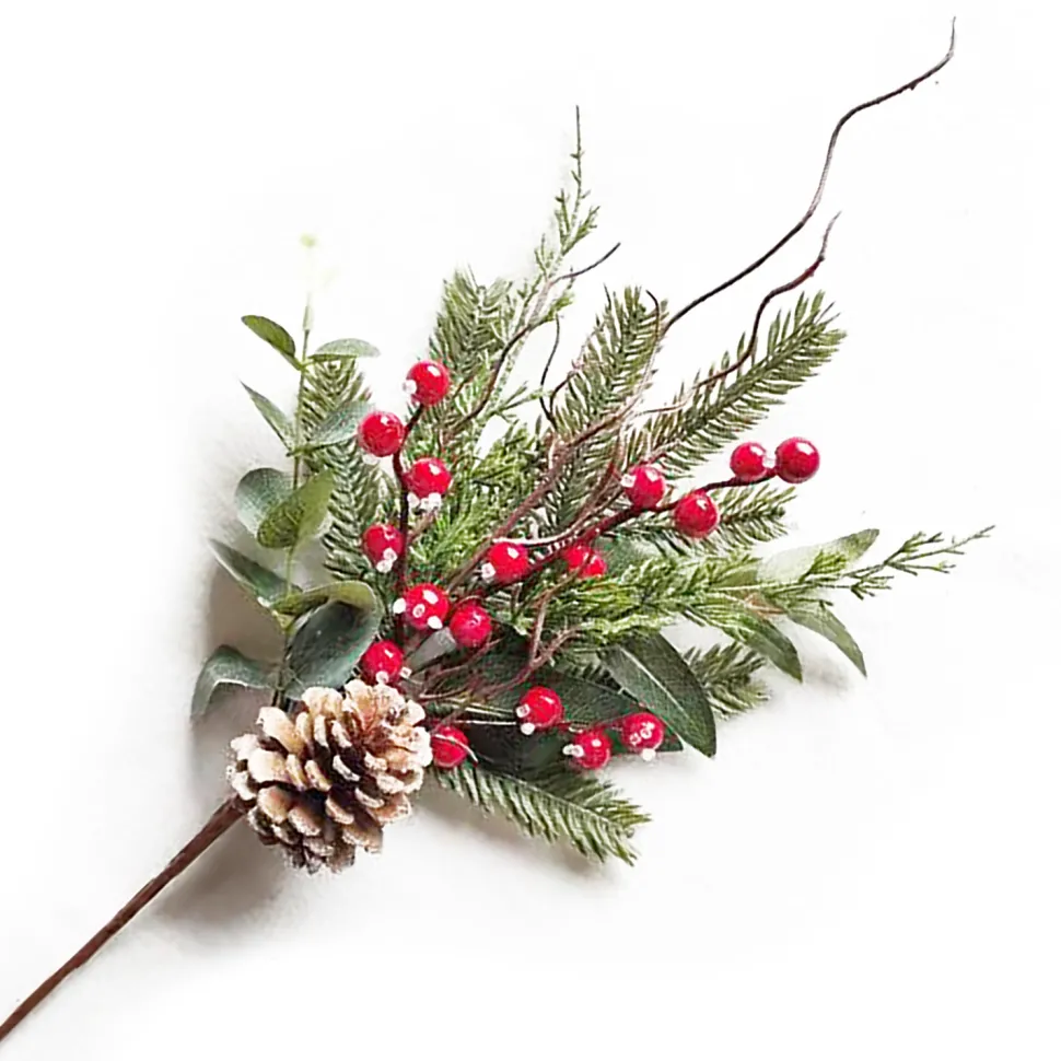 SPRAY FROSTED PINE 16″ RED BERRY, MIXED GREENERY & CONE
