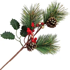 SPRAY GRN PINE 17″ GREEN/RED W/ BERRIES, HOLLY LEAF & PINE CONE, GLITTER