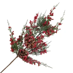 SPRAY GRN PINE 19″ RED BERRY, CEDAR & CONE FROSTED