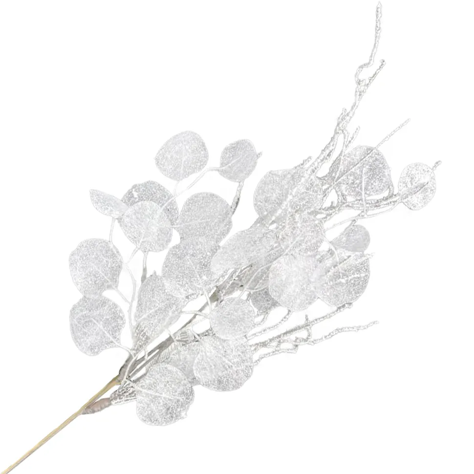 SPRAY LEAVES EUCALYPTUS 30″ WHITE W/ GLITTER TWIGS
