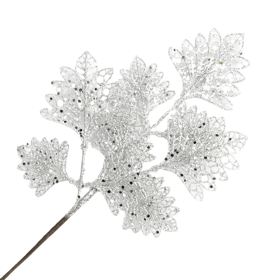SPRAY LEAVES FAN SHAPE 18″ WHITE/SILVER GLITTER
