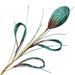 SPRAY LEAVES FOLDED/ RIBBED 22″ PEACOCK GLITTER