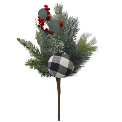SPRAY PINE 16″ BALL/FLOCKED MIXED PINE W/PLAID (BLK&GREY)/RED BALLS