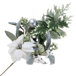 SPRAY WHITE POINSETTIA 24″ MIXED GREENERY W/ PINECONES & SILVER BALLS