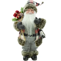STANDING SANTA 12″ GRAY/RED COAT W/ GIFT SACK & LANTERN