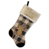 STOCKING 20.5″ BLACK/ BEIGE BURLAP PLAID & CORDUROY WITH FAUX FUR CUFF- DEER