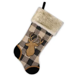 STOCKING 20.5″ BLACK/ BEIGE BURLAP PLAID & CORDUROY WITH FAUX FUR CUFF- DEER