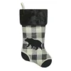 STOCKING 20.5″ BLACK/ CREAM BURLAP PLAID & SUEDE WITH FAUX FUR CUFF- BEAR