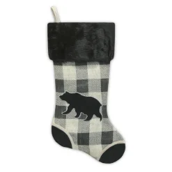 STOCKING 20.5″ BLACK/ CREAM BURLAP PLAID & SUEDE WITH FAUX FUR CUFF- BEAR