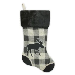 STOCKING 20.5″ BLACK/ CREAM BURLAP PLAID & SUEDE WITH FAUX FUR CUFF- MOOSE