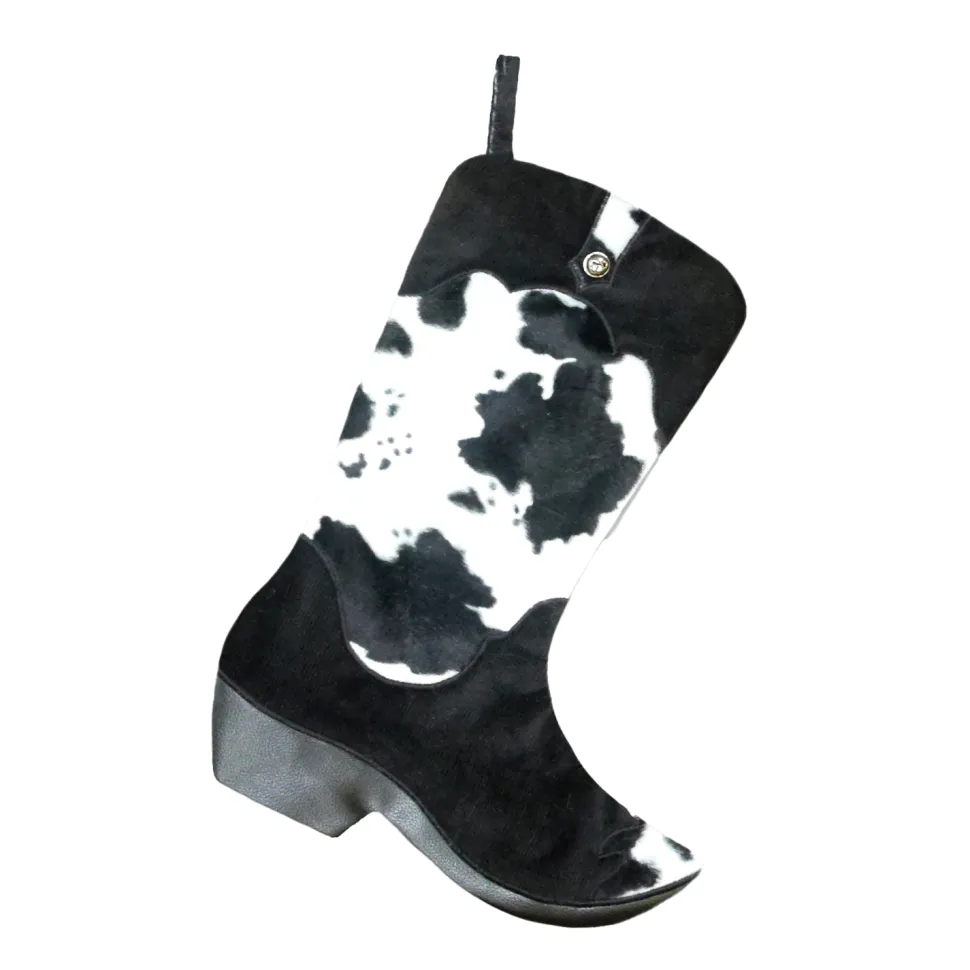 STOCKING 18.5″ BLACK FAUX FUR & CORDUROY, COWBOY BOOT DESIGN