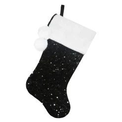 STOCKING 20.5″ BLACK SEQUINS W/ FAUX FUR CUFF & POM POMS