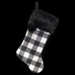 STOCKING 20.5″ BLACK/ WHITE PLAID W/BLACK FAUX FUR CUFF AND POM POMS