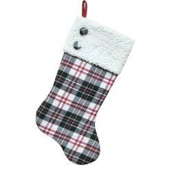 STOCKING 20.5″ BLACK/ WHITE/ RED PLAID W/ SHERPA CUFF & BUTTONS