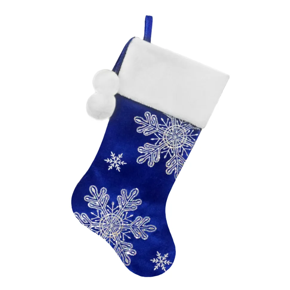 STOCKING 20.5″ BLUE VELVET W/ IRID. SNOWFLAKES SEQUINS EMBROIDERY, FAUX FUR CUFF W/ POM POMS