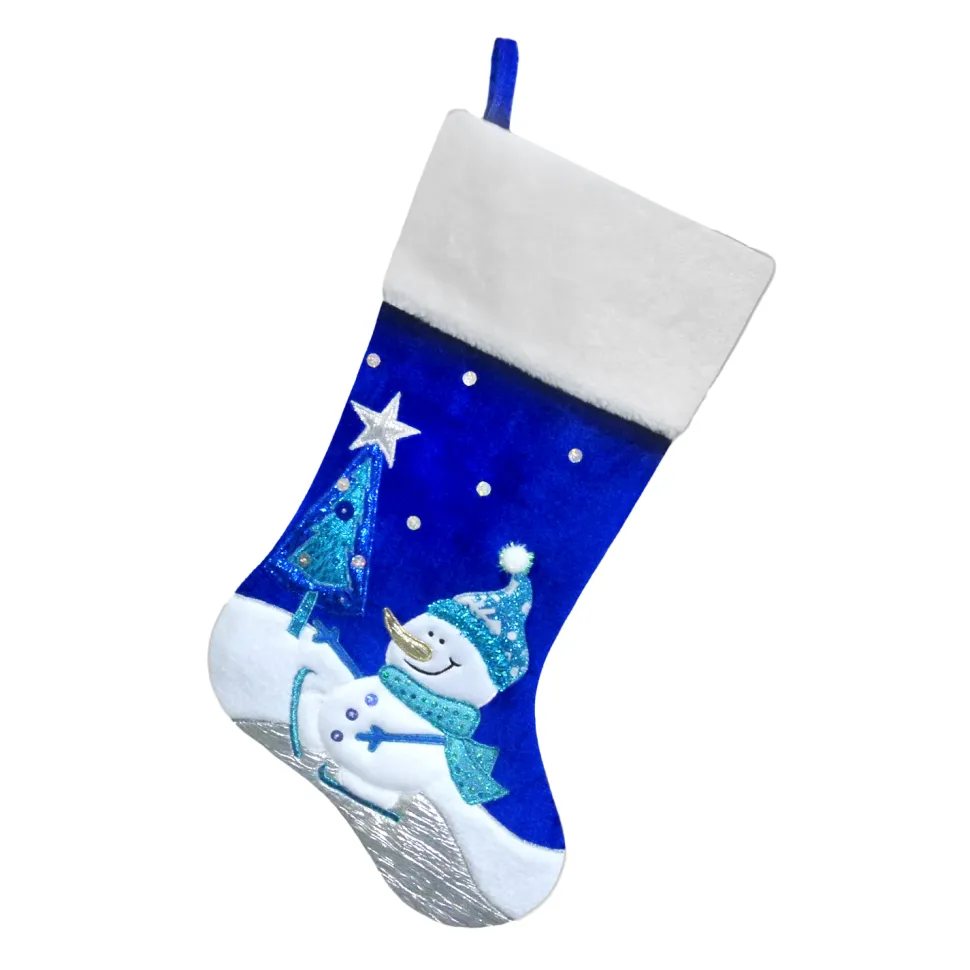 STOCKING 20.5″ BLUE/WHITE VELVET W/ FAUX FUR CUFF, METALLIC EMBROIDERY