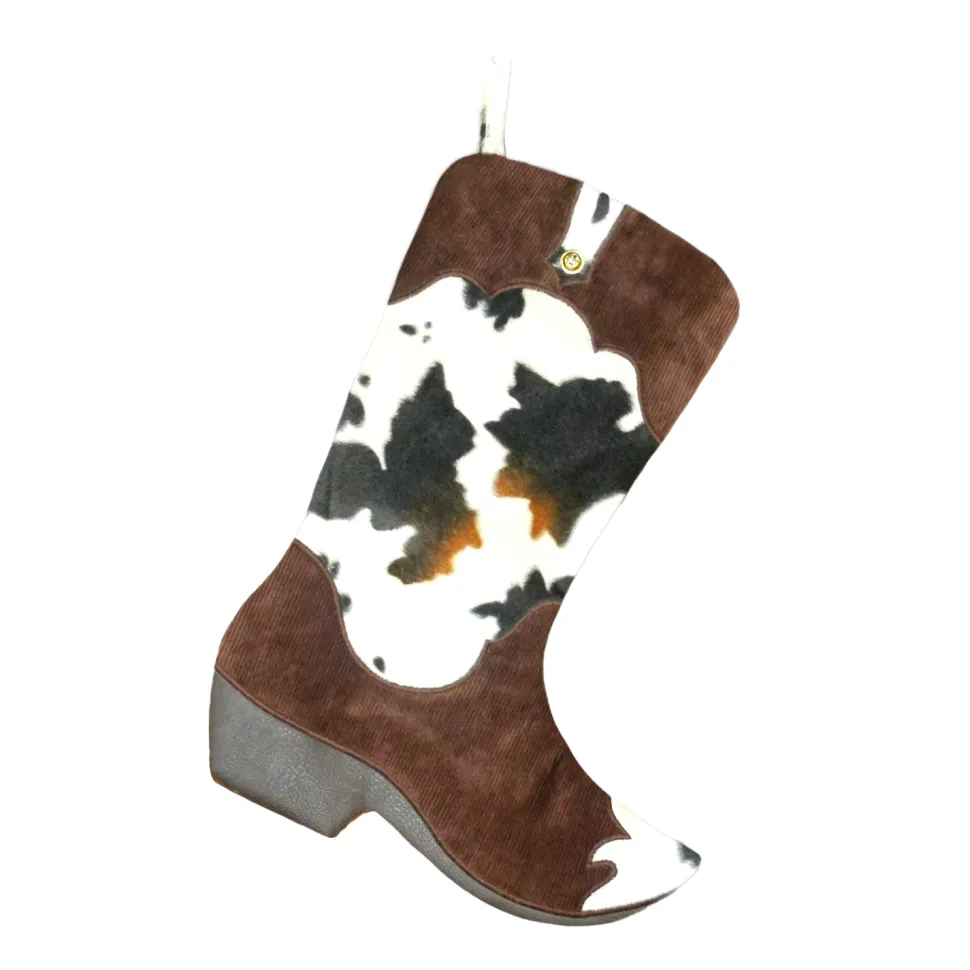STOCKING 18.5″ BROWN FAUX FUR & CORDUROY, COWBOY BOOT DESIGN