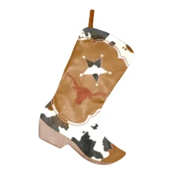 STOCKING 18.5″ BROWN IMITATED LEATHER & FAUX FUR W/ EMBROIDERY, COWBOY BOOT DESIGN