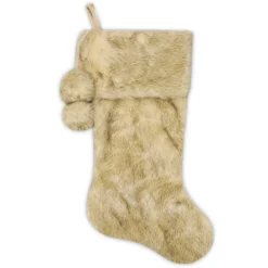 STOCKING 20.5″ DELUXE ALL BEIGE FAUX FUR WITH FAUX FUR POMS POMS