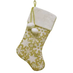 STOCKING 20.5″ GOLD GLITTER W/ SNOWFLAKES, FAUX FUR CUFF & POMPOMS