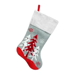 STOCKING 20.5″ GRAY/WHITE FLEECE W/ FAUX FUR CUFF, TREE EMBROIDERY